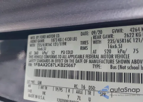 2020 Ford Transit-350 Passenger Van Xl z USA, uszkodzony, nr VIN 1FBAX2C87LKB25667